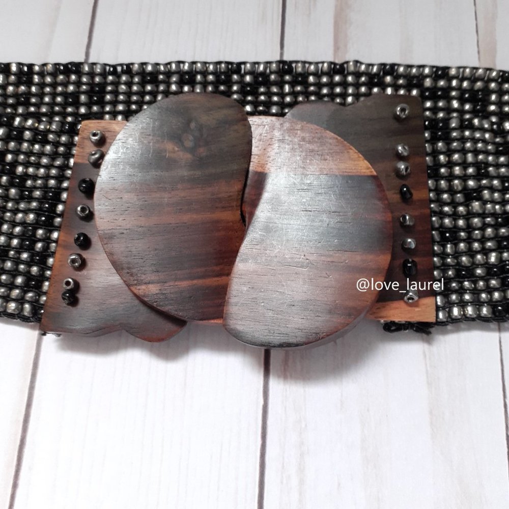 Beaded Wood Stretch Wide Belt Boho Bohemian Artisan Brown Black Gray - Picture 2 of 8